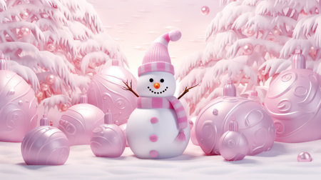 3d illustration of snowman with christmas balls in winter landscapeの素材