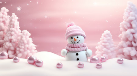 3d illustration of a snowman in winter landscape with pink heartsの素材