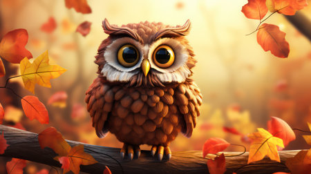 Owl sitting on a branch in autumn forest. 3d renderの素材