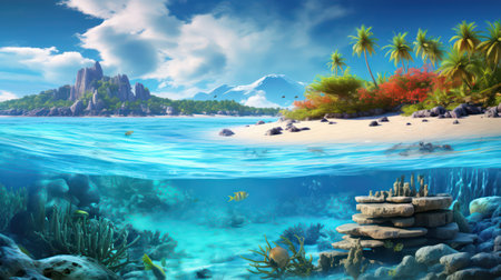 Tropical island with coral reef and fish. 3d renderの素材