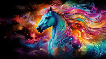 Horse with colorful rainbow hair in fantasy space. 3D renderingの素材