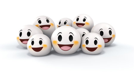 3d illustration of happy group of white balls with smiley facesの素材
