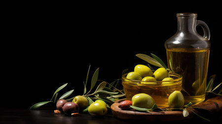 olive oil and olives on a black background with copy spaceの素材