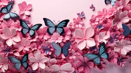 Paper flowers with butterflies on pink background, top view. Space for textの素材