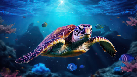 Green sea turtle swimming in the deep blue ocean. 3D renderingの素材