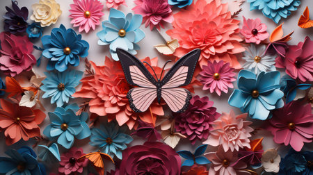 Paper flowers and butterfly on white background, top view. Space for textの素材