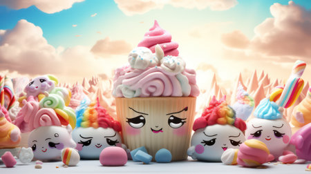 Funny unicorn cupcake with blue sky background. 3d illustration.の素材