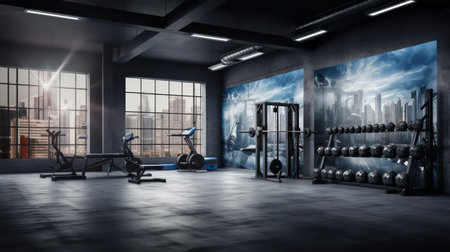Modern gym interior with equipment and city view. 3D Renderingの素材