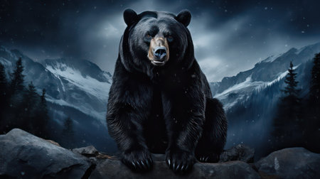 Black bear sitting on rock in winter forest. 3D Renderingの素材