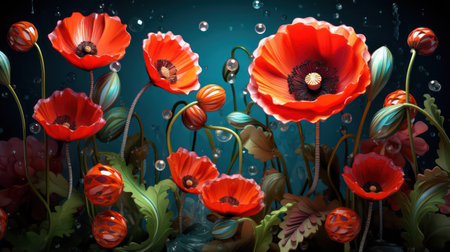 Red poppies in water with bubbles. 3D illustration.の素材