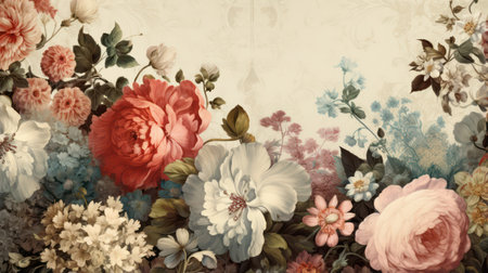 Vintage floral background with roses, peonies and hydrangeasの素材