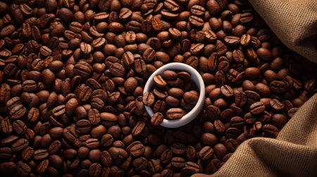 Coffee beans and a cup of coffee on burlap backgroundの素材
