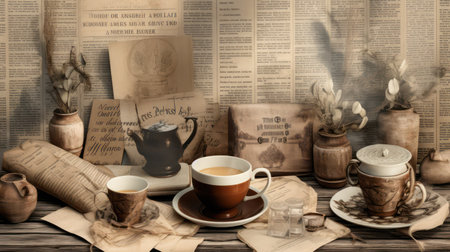 Coffee cup, books and old newspaper on a wooden tableの素材