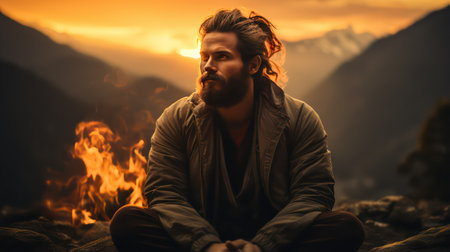 Handsome bearded man sitting by the fire in the mountains at sunsetの素材
