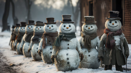 Snowman with hat and scarf on the street in winter time.の素材