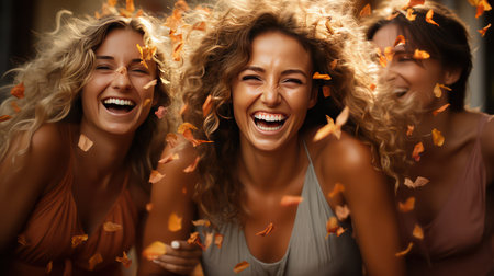 Close-up portrait of three beautiful young women laughing and throwing autumn leavesの素材