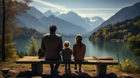 Family sitting on a bench and looking at the lake in the mountainsの素材