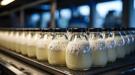 Milk bottles on conveyor belt in dairy factory, closeupの素材