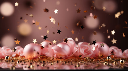 Christmas background with pink and gold stars and bokeh. 3d renderingの素材