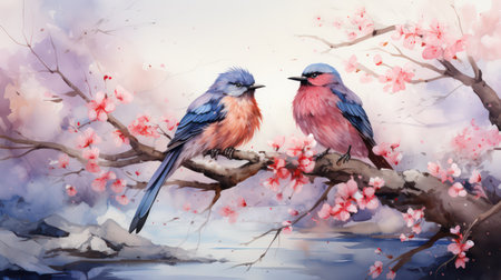 Watercolor painting of two birds sitting on a branch of a blossoming treeの素材