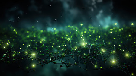 3d rendering of abstract technology background with green glowing dots and linesの素材