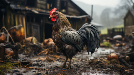 Rooster in the yard of a village house. Rural scene.の素材