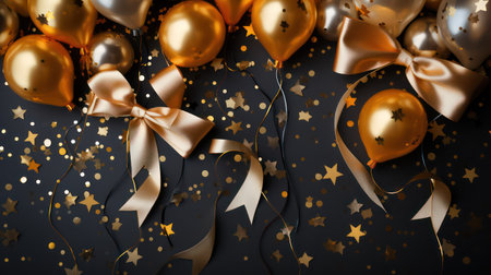 Festive background with gold and silver balloons, confetti and ribbons on black backgroundの素材