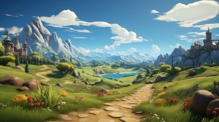 Beautiful fantasy landscape with mountains and lake. 3d render illustrationの素材
