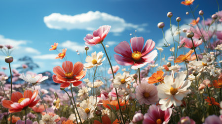 Colorful cosmos flowers blooming in the field with blue sky backgroundの素材