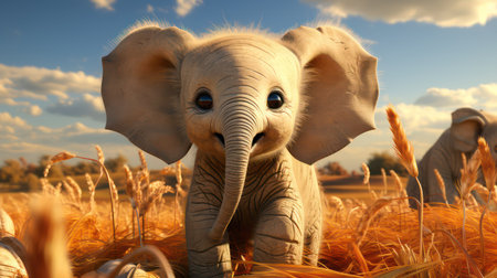 Elephants in the field with blue sky background. 3d renderの素材