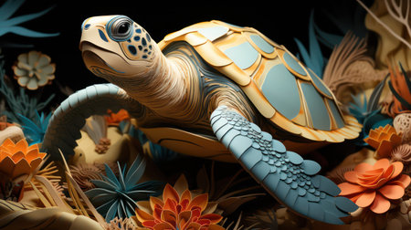 3d rendering of a sea turtle in a desert with flowers and plantsの素材