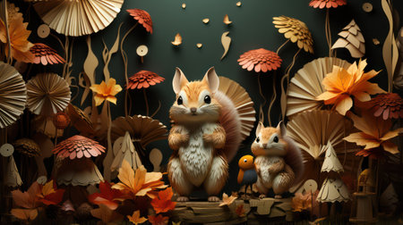Autumn background with squirrels and butterflies. 3D illustration.の素材