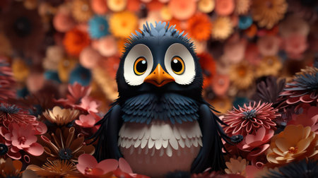 Cute cartoon penguin on flowers background. 3d illustration.の素材