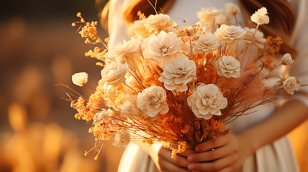 Beautiful young woman with bouquet of flowers outdoors, closeupの素材