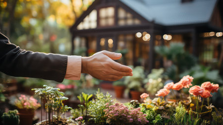 Close up view of man's hand reaching for a flower in gardenの素材