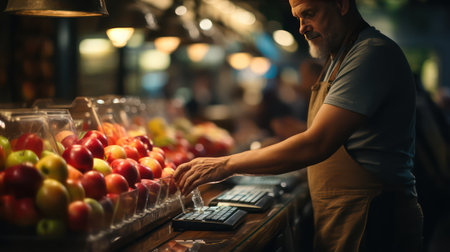 Man buying fruits at the market. Man buying fruits at the market.の素材