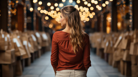 beautiful woman in red blouse over christmas lights background.の素材