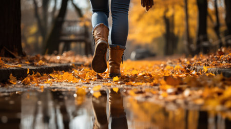 Woman walking in autumn park. Female legs in boots walking in autumn park.の素材