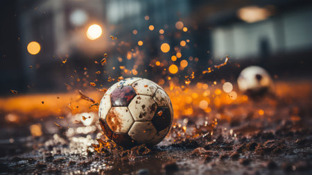 Soccer ball on the wet asphalt. Blurred background. Close-upの素材