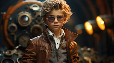 Portrait of a cute little boy in a leather jacket and sunglasses. Fashion shot.の素材