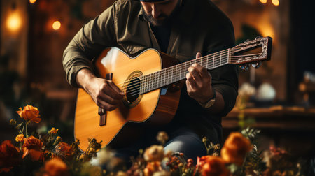 Handsome young man playing acoustic guitar in cozy home interior.の素材