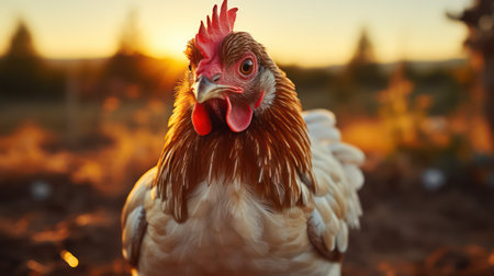 Beautiful chicken on the farm at sunset. Selective focus.の素材