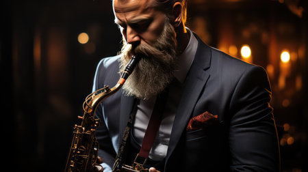 close-up portrait of a bearded man with a saxophone in a dark roomの素材