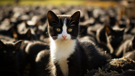 black and white cat on a background of a flock of stray catsの素材