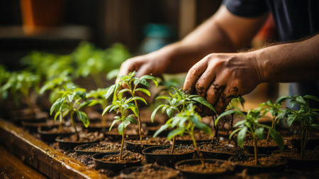 Hands of a young man planting seedlings of tomato in a greenhouseの素材