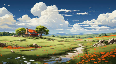 landscape with a church and an orange poppy field in the foregroundの素材