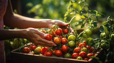 Close-up of female hands picking fresh cherry tomatoes in the gardenの素材
