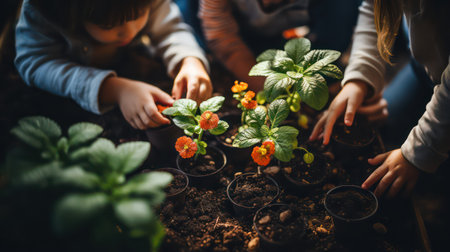 Group of children planting seedlings in pots. Selective focus.の素材