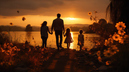 Silhouette of a family on the shore of a lake at sunsetの素材
