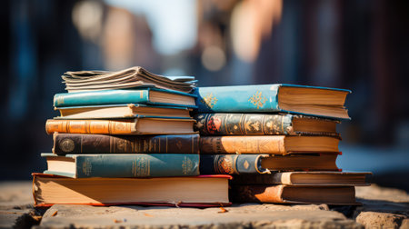 Pile of old books on the street, shallow depth of fieldの素材